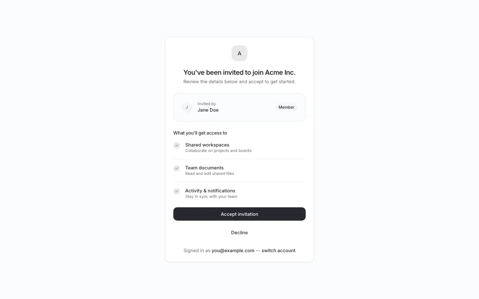 Team invitation with an accept button