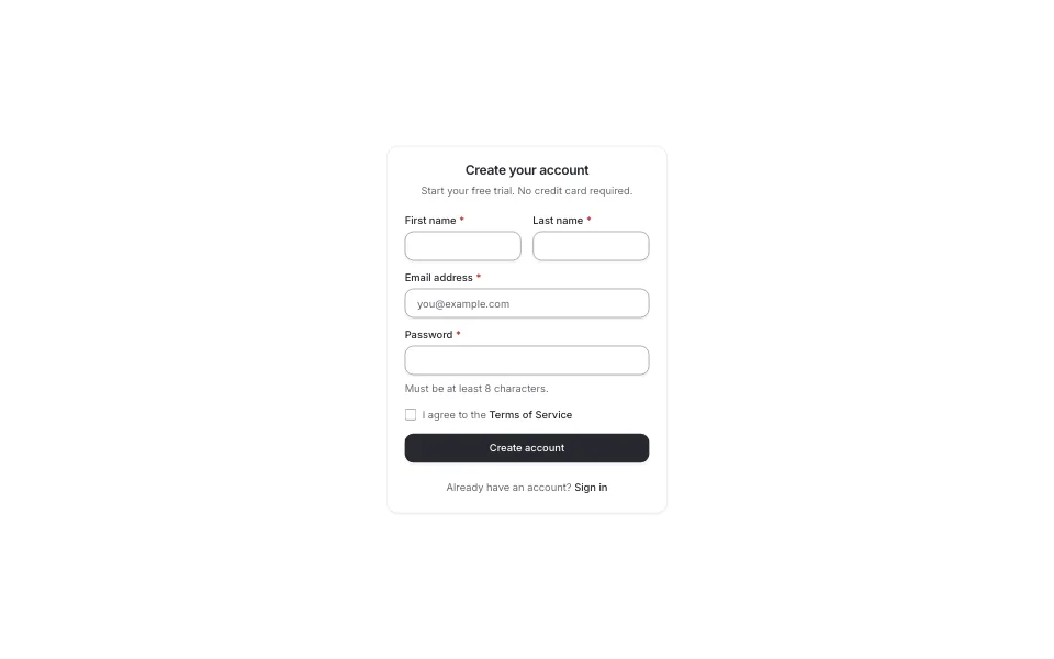 Sign-up form with name, email and password