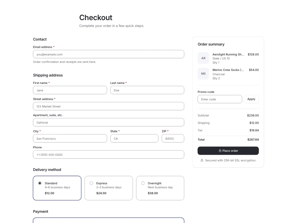 Two-column checkout with the order summary beside the form