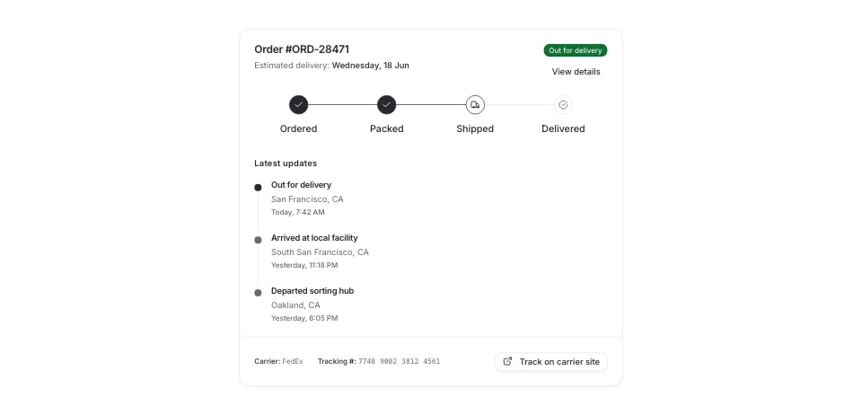 Order tracking summary with a delivery progress bar