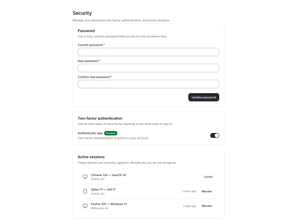 Security settings with password and two-factor sections